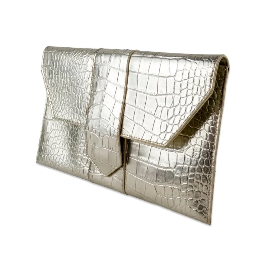 JJ Winters Nikki Oversized Clutch Handbag Vegan Faux Croc Purse Platinum